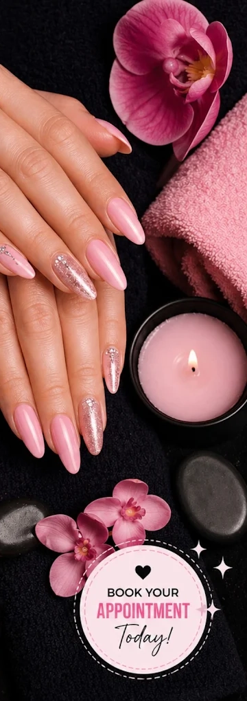 Pink almond manicure with orchid, candle and spa stones